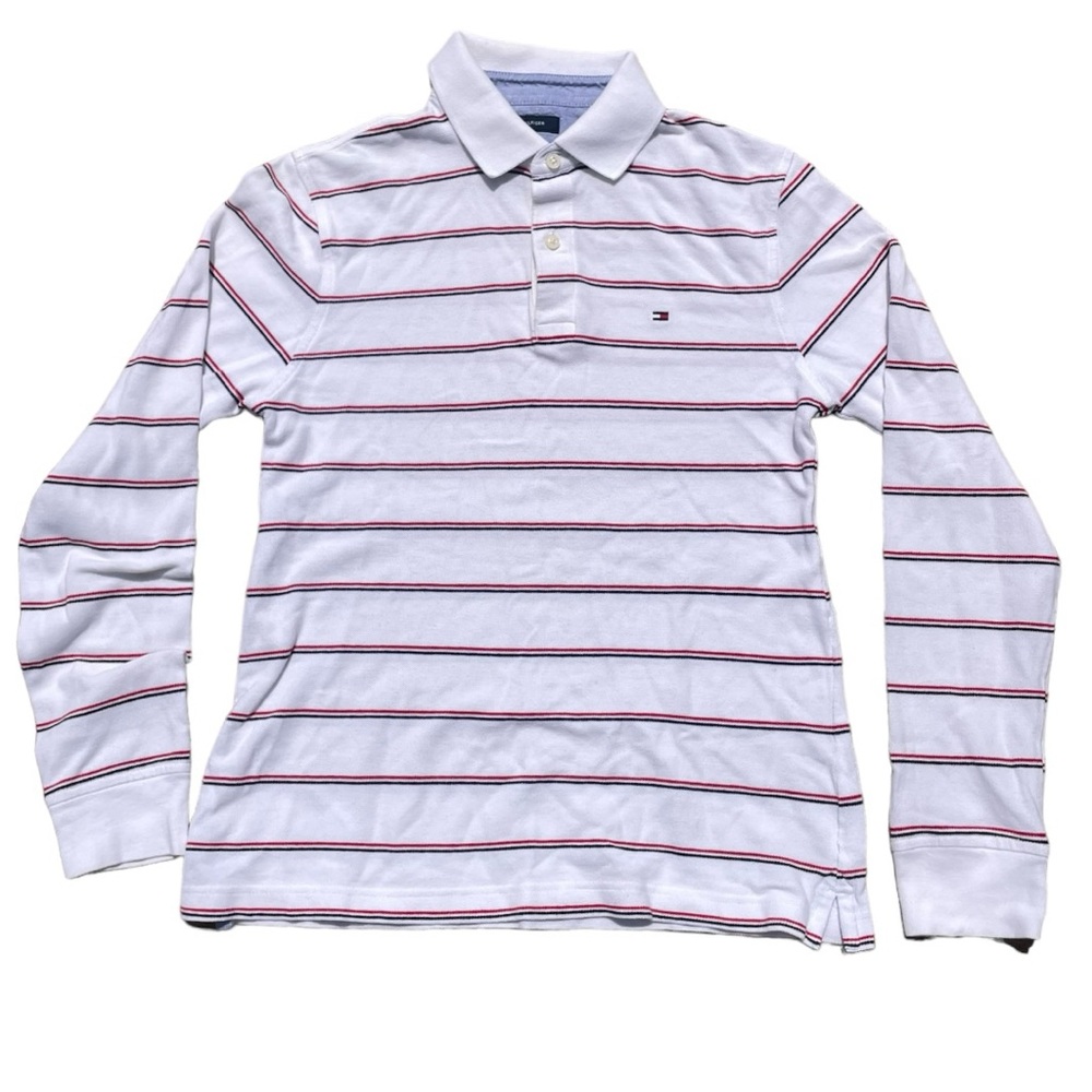 Red and White Stripes Tommy Hilfiger Long Sleeve Polo Shirt (S)